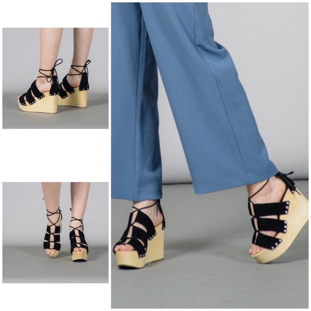 EUC Loeffler Randall Ines Lace Up Leather Clogs Black Wedges Platforms 37 7
